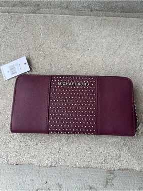 Michael Kors Micro Stud Plum Saffiano Studded Zip Around Wallet